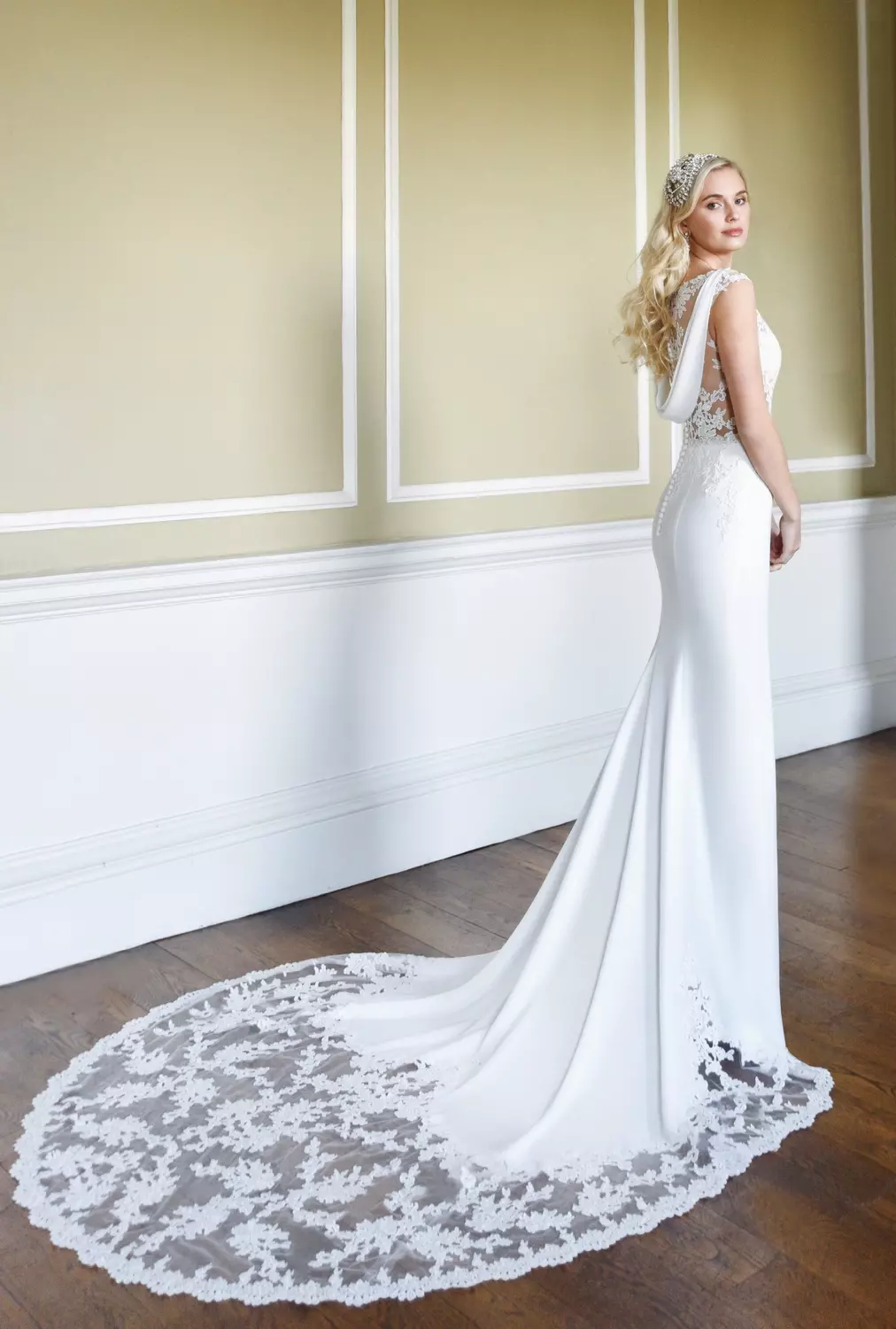 Crepe wedding dress with lace train